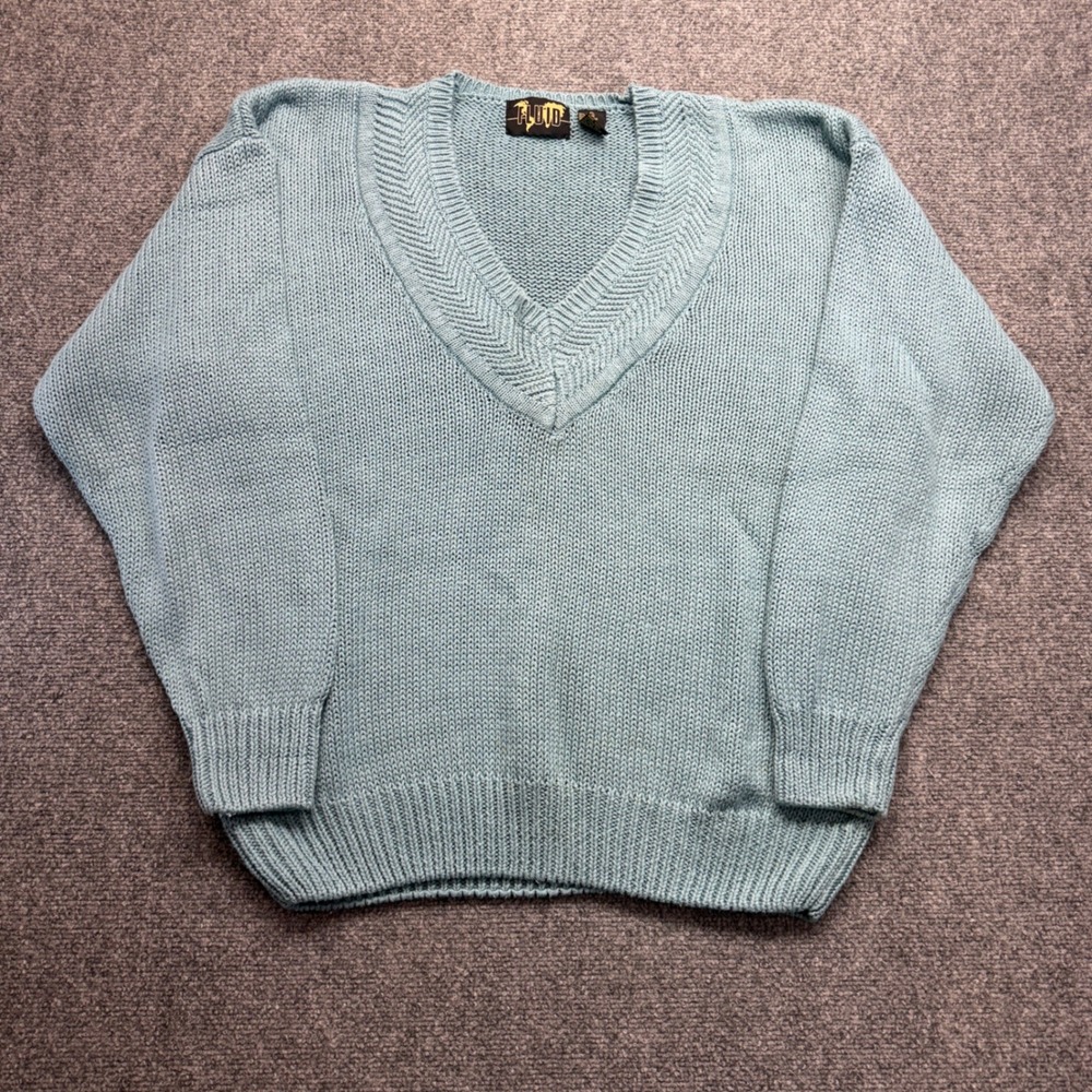 Fluid Womens XL V-Neck Sweater Light Blue Ramie Cotton Blend Chunky Knit Shaker